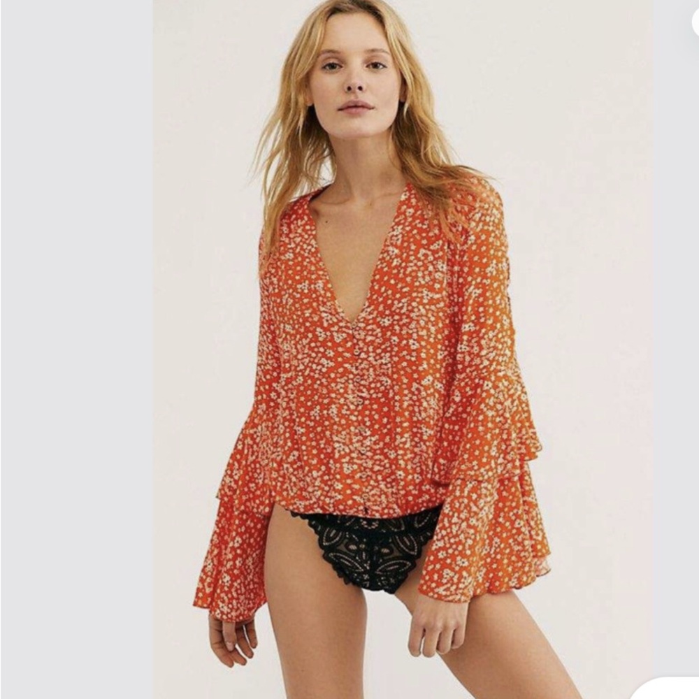 NWOT FP Intimately Bodysuit Top Ditsy Floral Bell Sleeve Button-Up Orange Size M